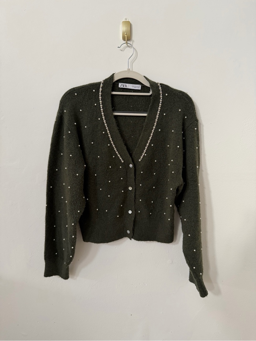 Zara Dark Olive Pearl-Trim V-Neck Cropped Cardigan